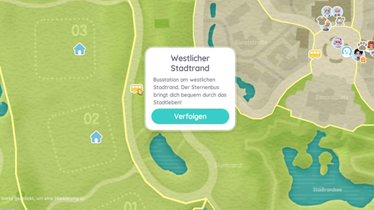 Eine Karte mit einem gelben Bus-Symbol zur Fortbewegung.