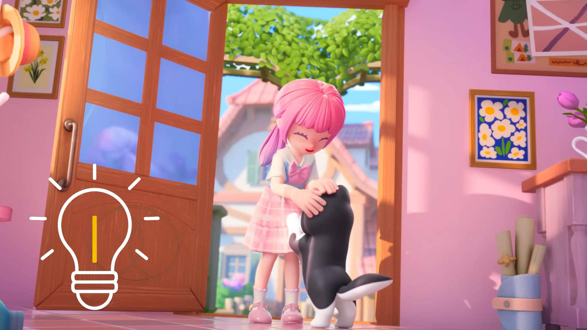 Ein Mädchen mit pinken Haaren begrüßt einen schwarzen Hund an der Tür.