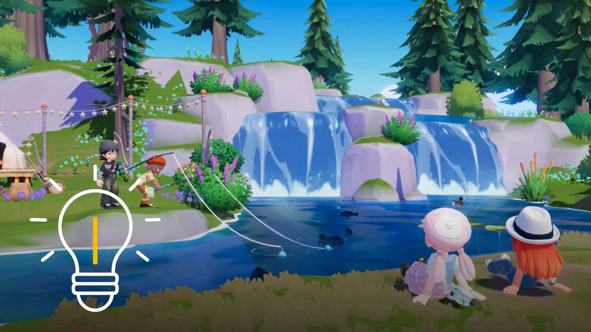 Several people are sitting and fishing by a pond.