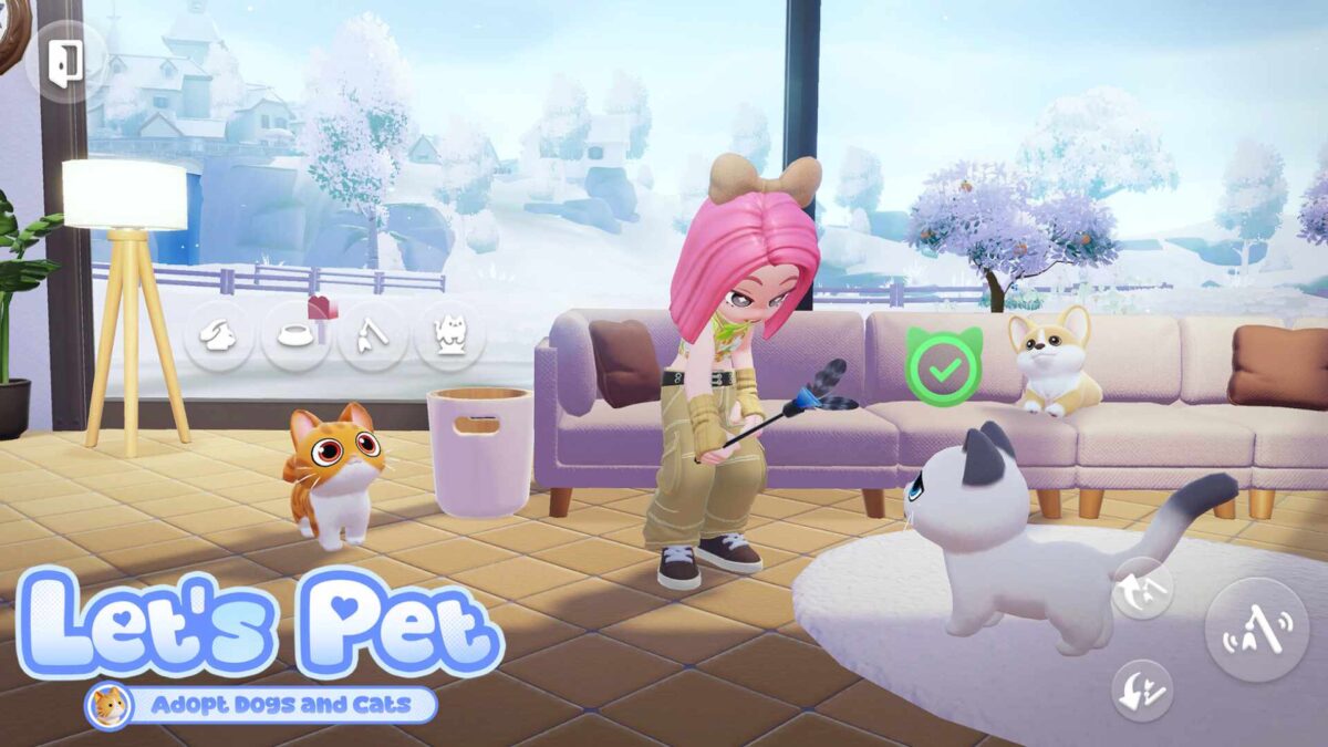 Ein Mädchen spielt mit mehreren Katzen im Wohnzimmer.