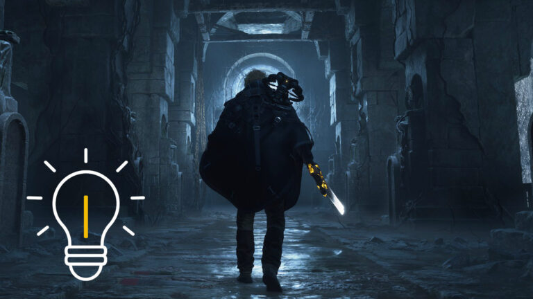 A man walks through a dark hall.