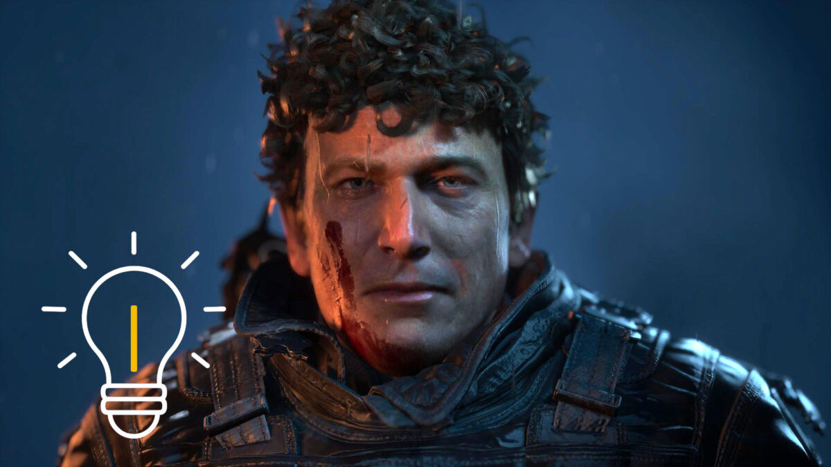 A man with a blood-smeared face stands in the rain, staring stoically into the distance.