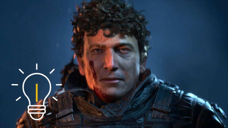 A man with a blood-smeared face stands in the rain, staring stoically into the distance.