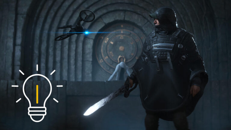 A man in a rain poncho holding a glowing sword looks at an approaching drone.