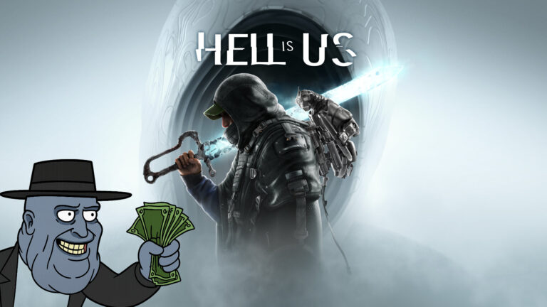 Das Titelbild von Hell is Us zeigt einen Mann mit Kapuze vor einem weißen Hintergrund. Links unten ist eine Comicfigur mit gierigem Blick und einem Bündel Geldscheinen in der Hand.