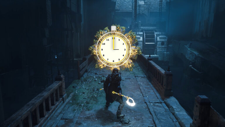 A man in a rain poncho stands on a bridge, holding a glowing axe as he faces a giant stopwatch.