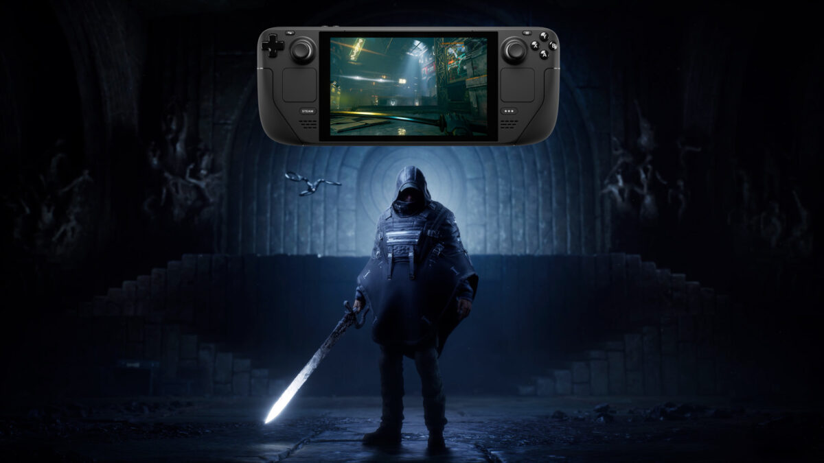 A man in a rain poncho, holding a glowing sword, stands in front of a giant Steam Deck.