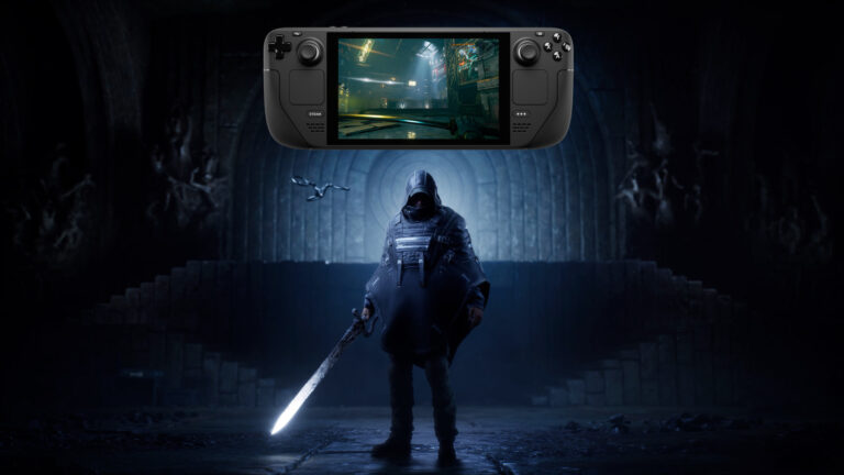 A man in a rain poncho, holding a glowing sword, stands in front of a giant Steam Deck.