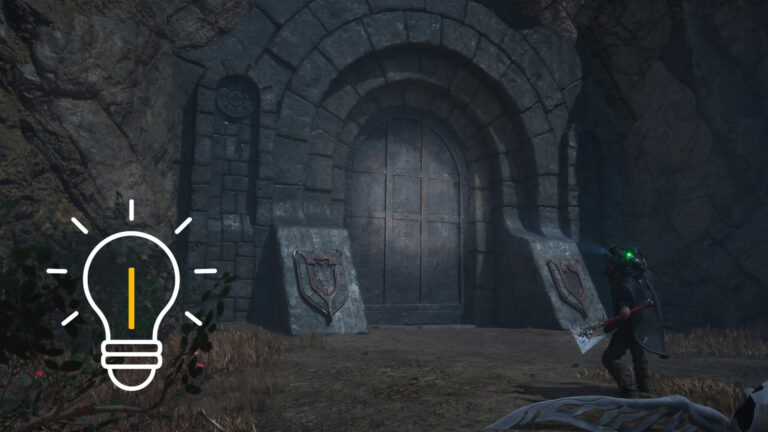 A man in a rain poncho stands before an old stone gate.