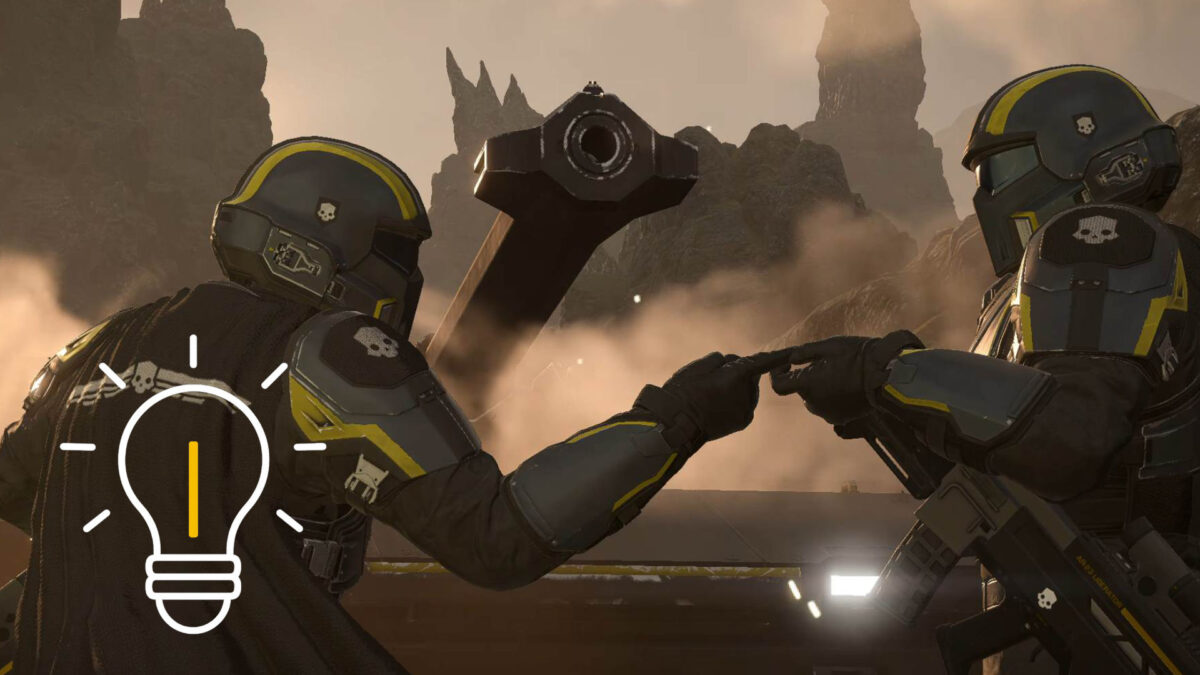 Zwei Helldiver halten ihre Finger vor einer Panzerkanone aneinander.