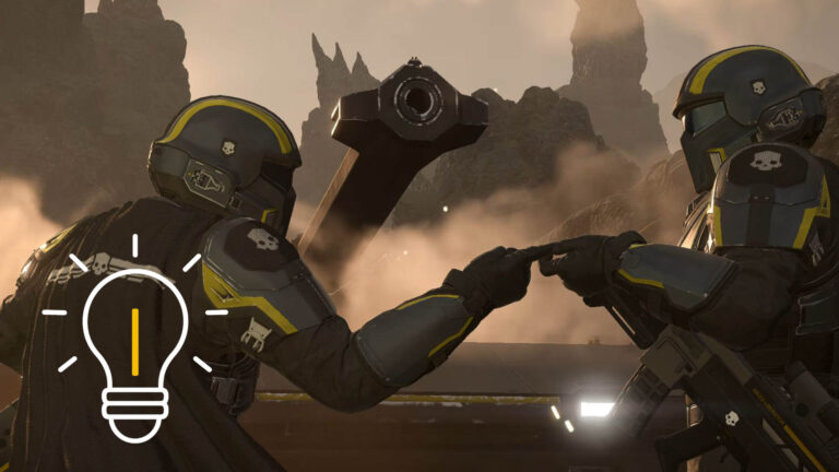 Zwei Helldiver halten ihre Finger vor einer Panzerkanone aneinander.