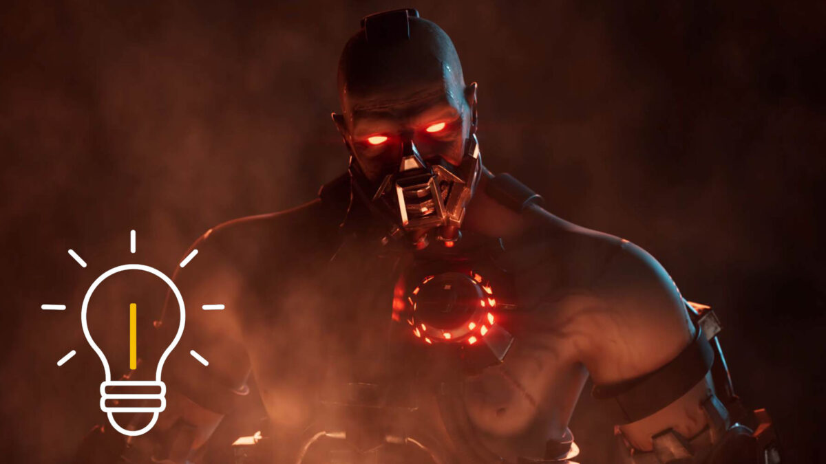 Ein Cyborg mit Maske und rot leuchtenden Augen aus Helldivers 2.