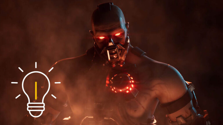 Ein Cyborg mit Maske und rot leuchtenden Augen aus Helldivers 2.