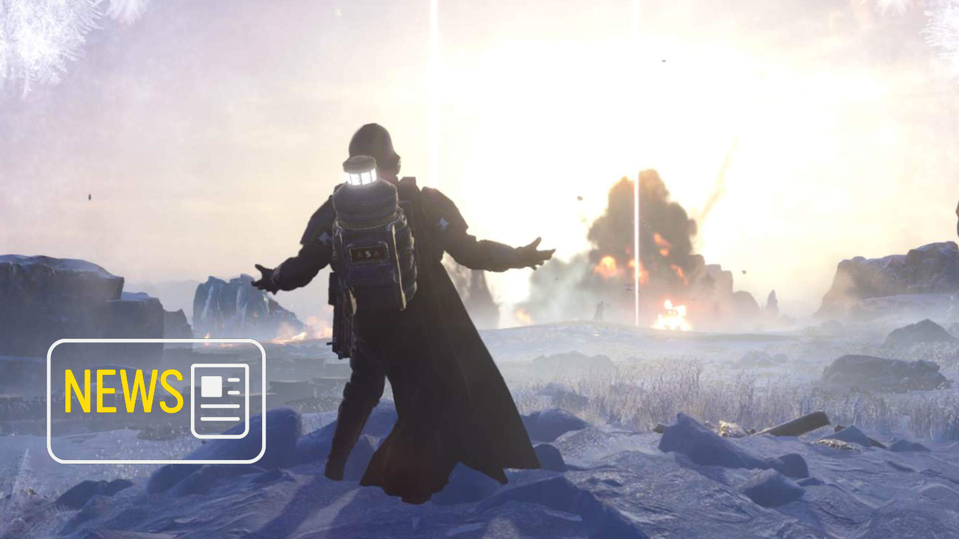 A Helldiver stands in the snow and rejoices at an explosion in the distance.