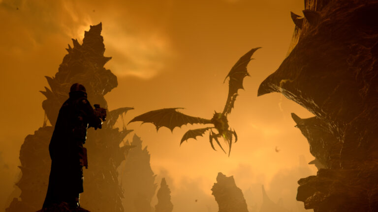 A Helldiver fires his weapon at a flying enemy in Helldivers 2.