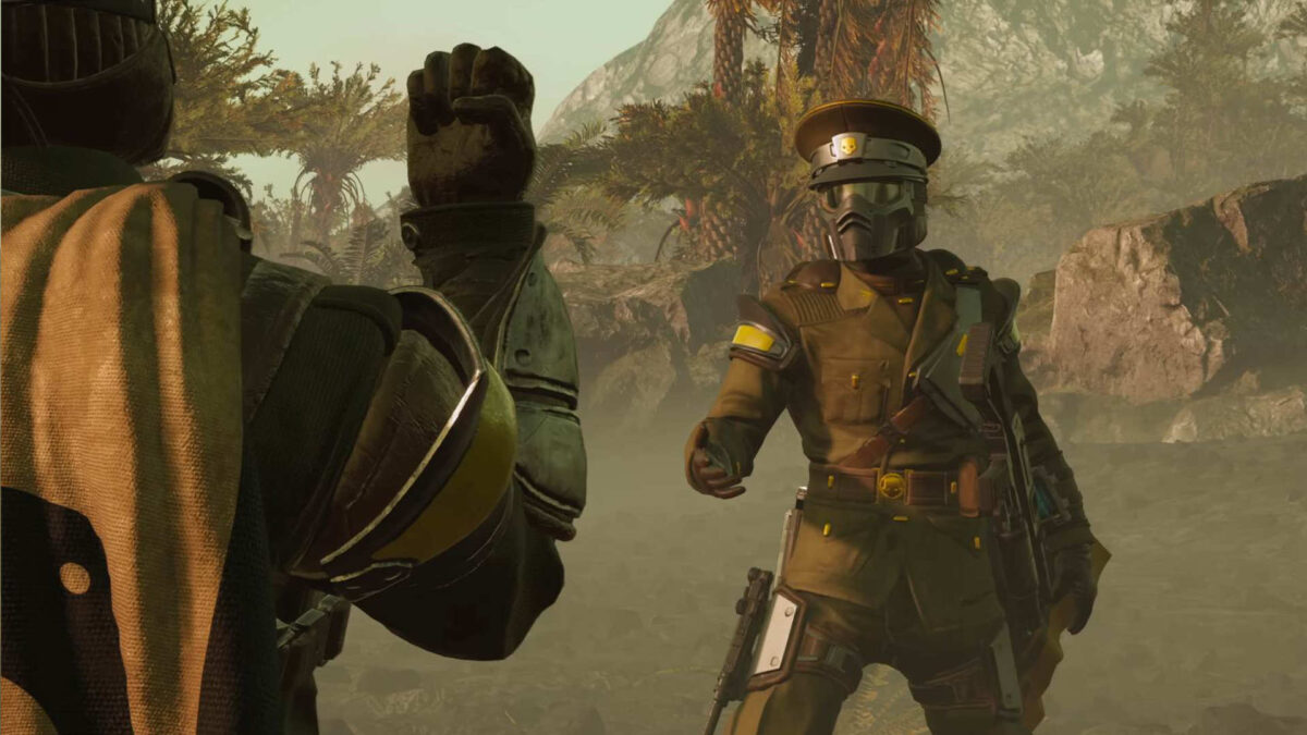 Zwei Helldiver, die sich eine Geste zuwerfen.