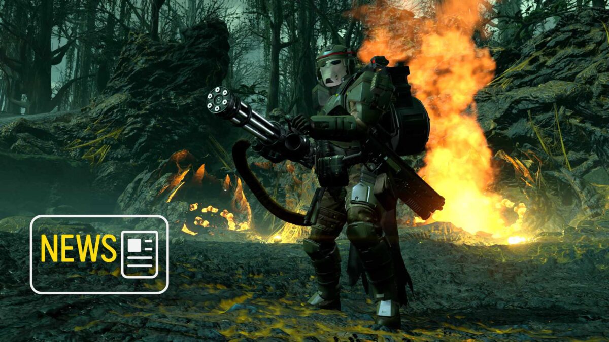 Ein Mann mit voller Ausrüstung und Minigun steht vor Feuer.