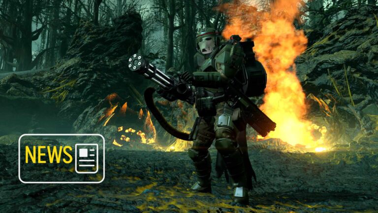 Ein Mann mit voller Ausrüstung und Minigun steht vor Feuer.