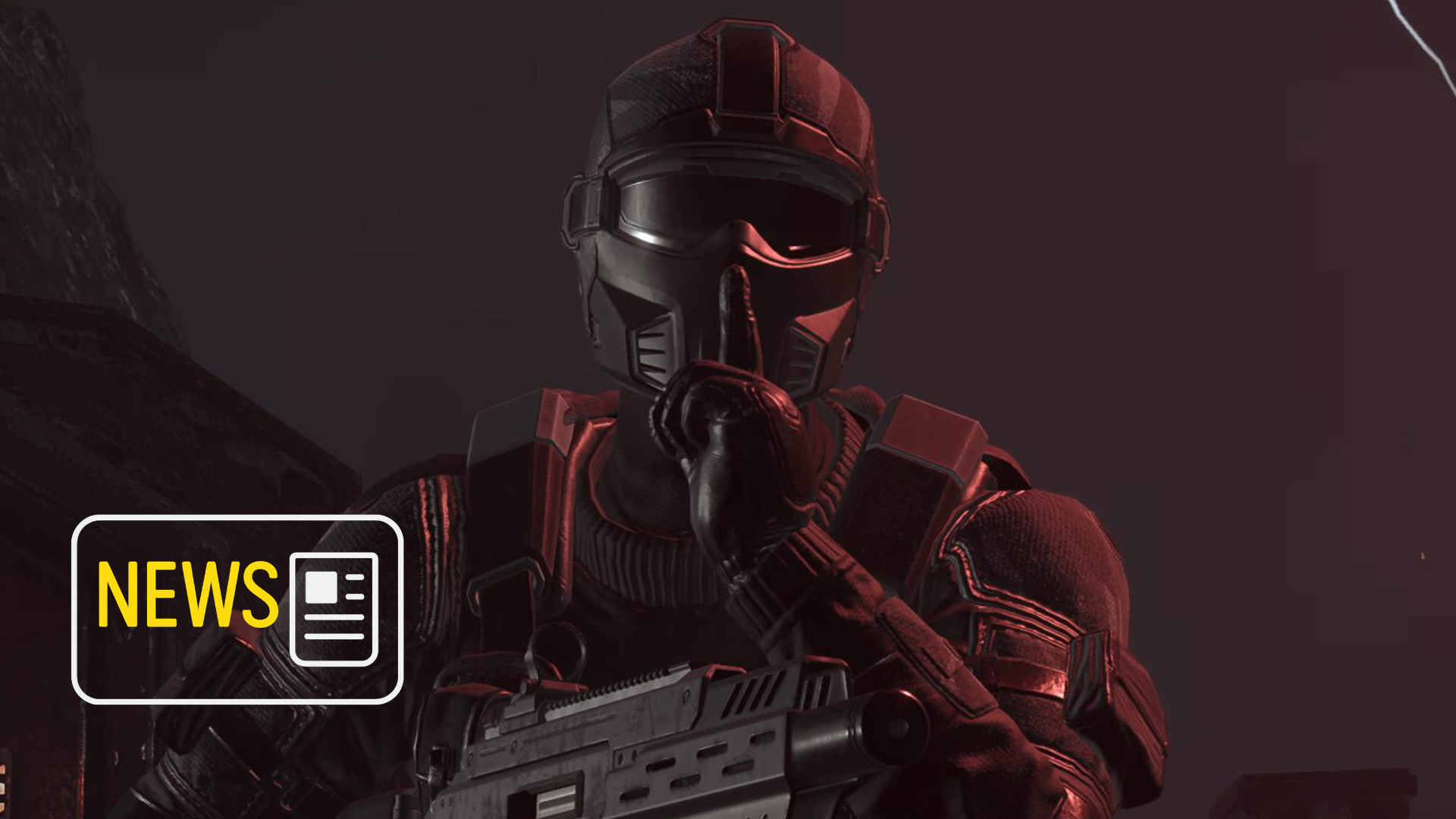 A Helldiver is holding a weapon in one hand. With the other hand, he is holding a finger to his mouth.