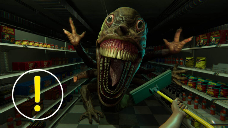 Ein Monster mit spitzen Zähnen stürmt auf jemanden zu.