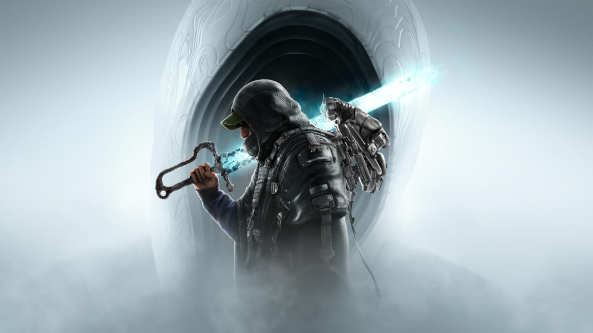 A man in a deep hood stands on the shoulder of a glowing monster, a radiant sword resting on his back.