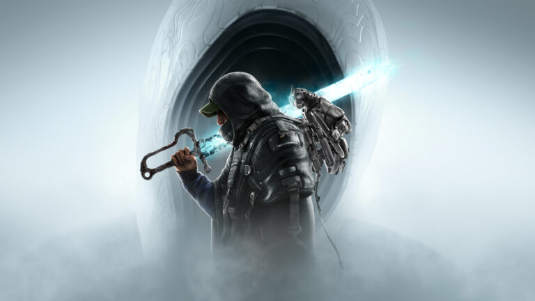 A man in a deep hood stands on the shoulder of a glowing monster, a radiant sword resting on his back.