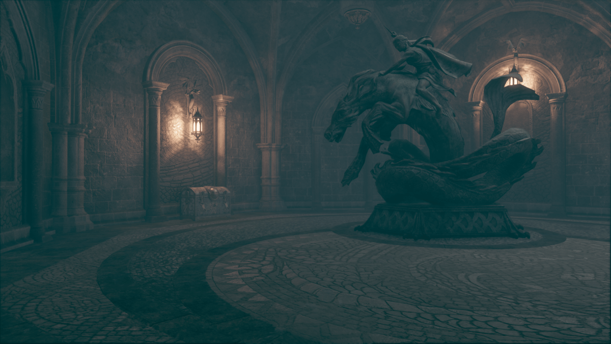 A dragon statue in a hall with a chest.