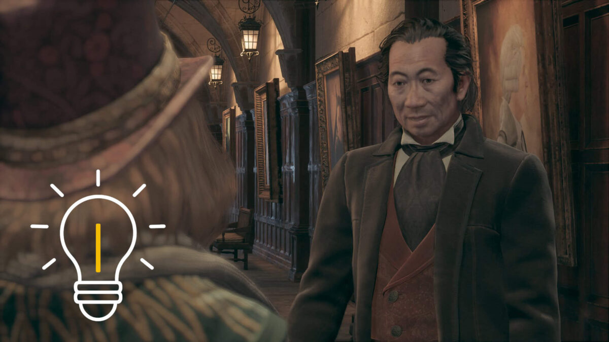 A man looks at a girl wearing a hat in a magic school.