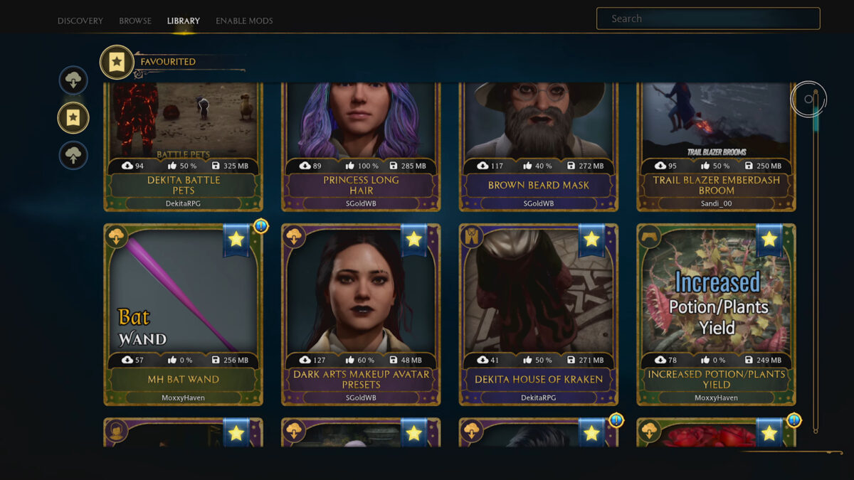 Mod-Übersicht in Hogwarts Legacy mit verschiedenen Anpassungen.
