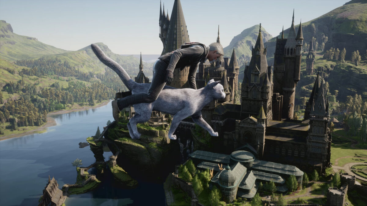 Ein Zauberer sitzt auf dem Rücken einer Katze, die vor einem Schloss fliegt.