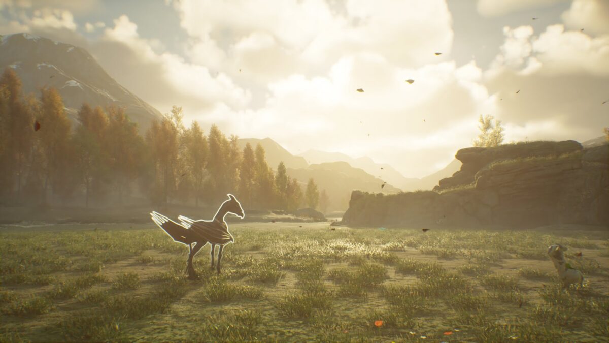 A Thestral, the skeletal winged horse, walks across a wide meadow at sunset in Hogwarts Legacy.