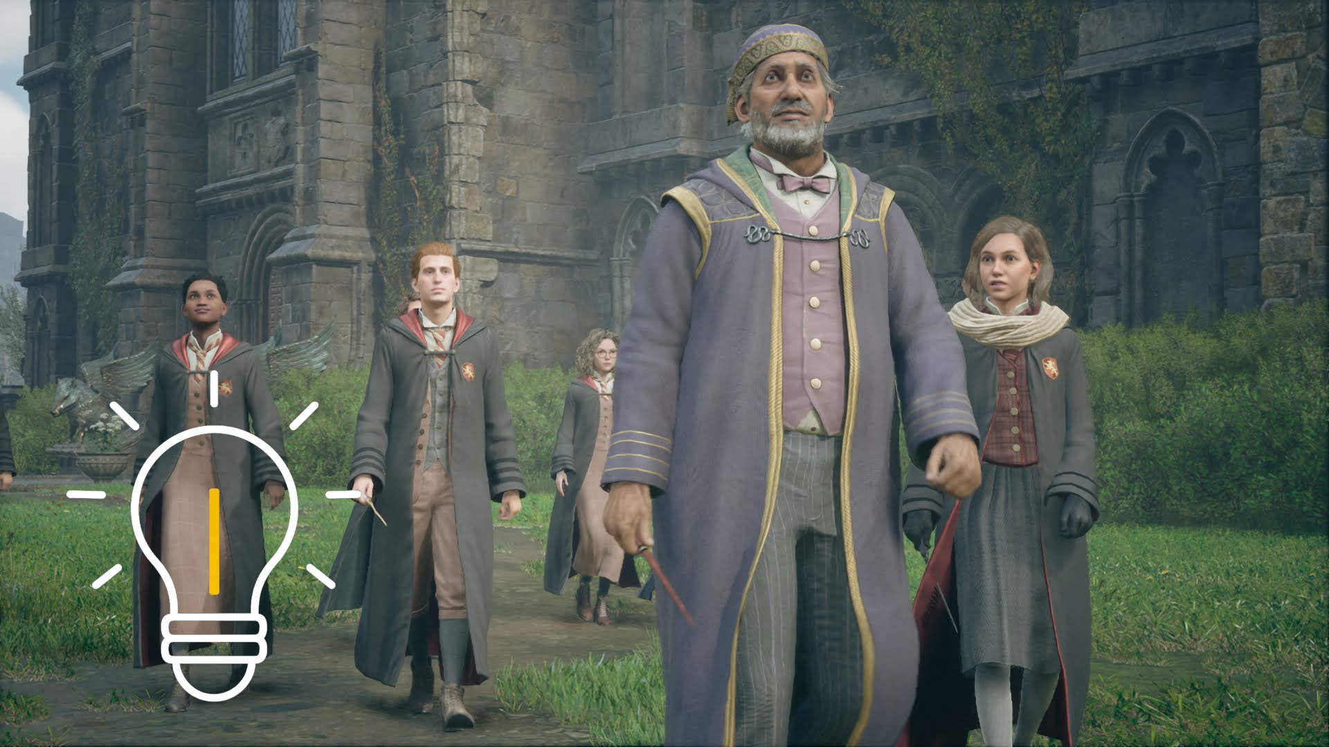 A teacher and several students in front of the magic school.