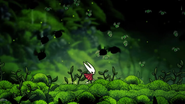 Hornet, the main character of Hollow Knight: Silksong, walks through a lush green forest area.