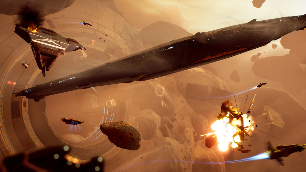 Ein Screenshot aus dem PC-Spiel Homeworld 3 zeigt Raumschiffe im Weltall, die mit Asteroiden kollidieren.