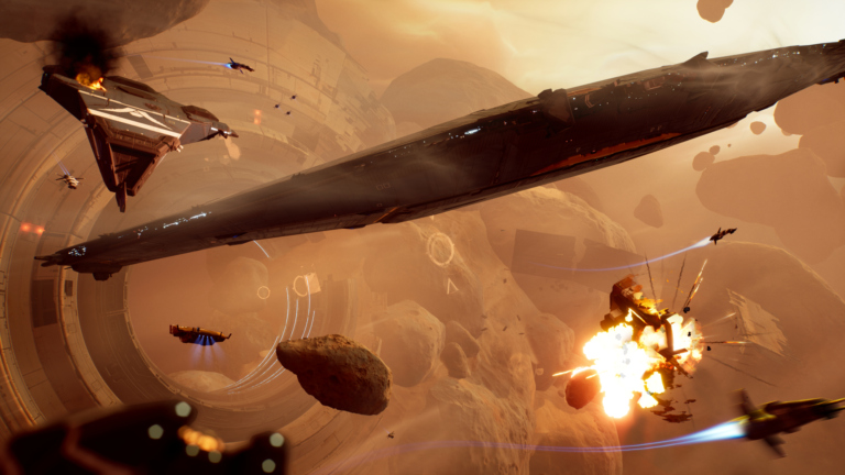 Ein Screenshot aus dem PC-Spiel Homeworld 3 zeigt Raumschiffe im Weltall, die mit Asteroiden kollidieren.