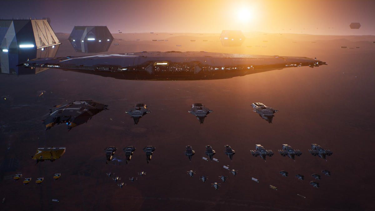 Ein Screenshot des Spiels Homeworld 3 zeigt eine Sternenflotte, die sich über einem Planeten formiert.