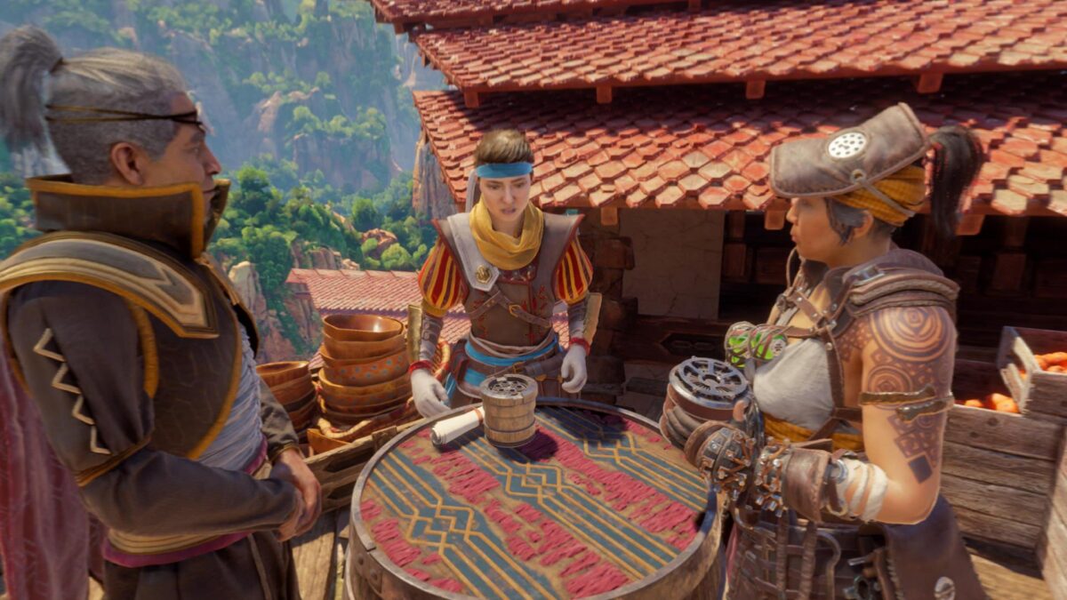 Drei Charaktere in Horizon Call of the Mountain stehen während eines Gesprächs um einen runden Tisch herum.