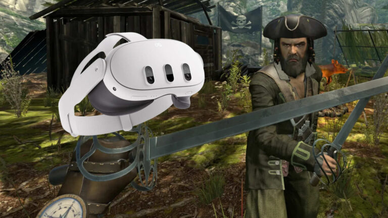 Eine Meta Quest 3 Brille, im Hintergrund ein Pirat.