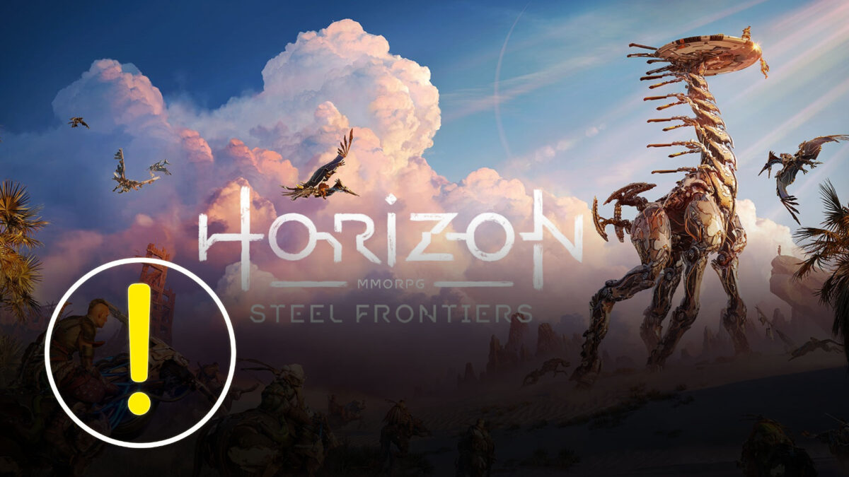 Artwork zu Horizon MMORPG: Steel Frontiers mit einem riesigen, giraffenähnlichen Maschinenwesen in einer Wüstenlandschaft, mehreren fliegenden Metallkreaturen am Himmel und Reitern auf Maschinen am Boden; großes Warnsymbol mit Ausrufezeichen links im Bild.