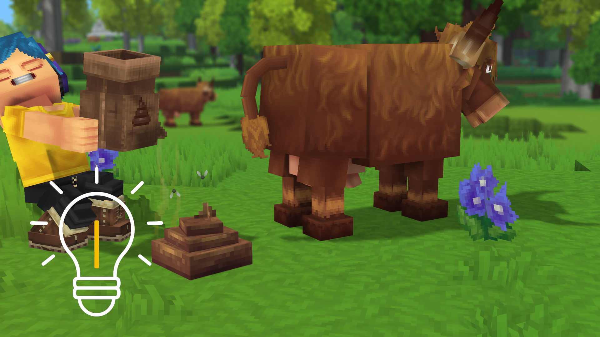 Charakter sammelt Dung neben einem Yak-ähnlichen Tier – Illustration für Cheats und Commands im Sandbox-RPG Hytale.