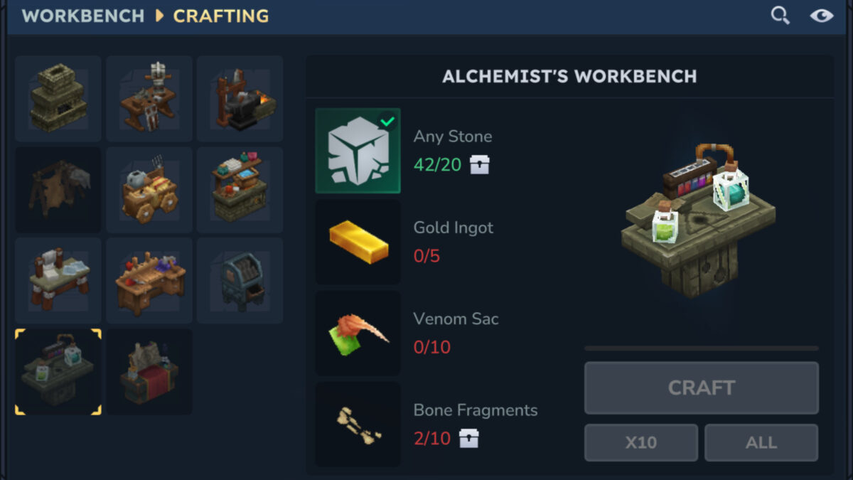 Alchemist’s workbench in Hytale – alchemy station for brewing potions with gold bars, poisons, and bone fragments.