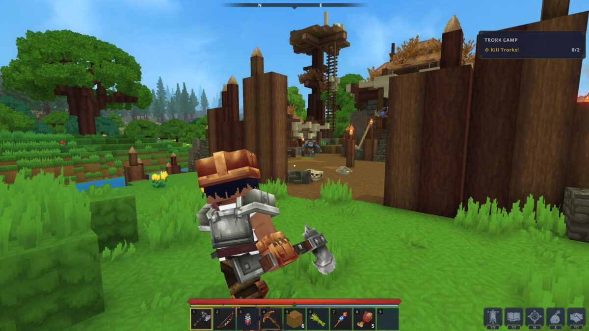 Hytale gameplay: Player in armor wielding an axe attacks a Trork camp – combat, crafted gear, and exploration in the sandbox RPG.