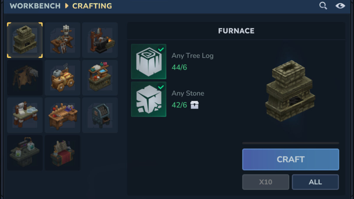 Hytale furnace in the crafting menu – smelter for processing ores using wood and stone.