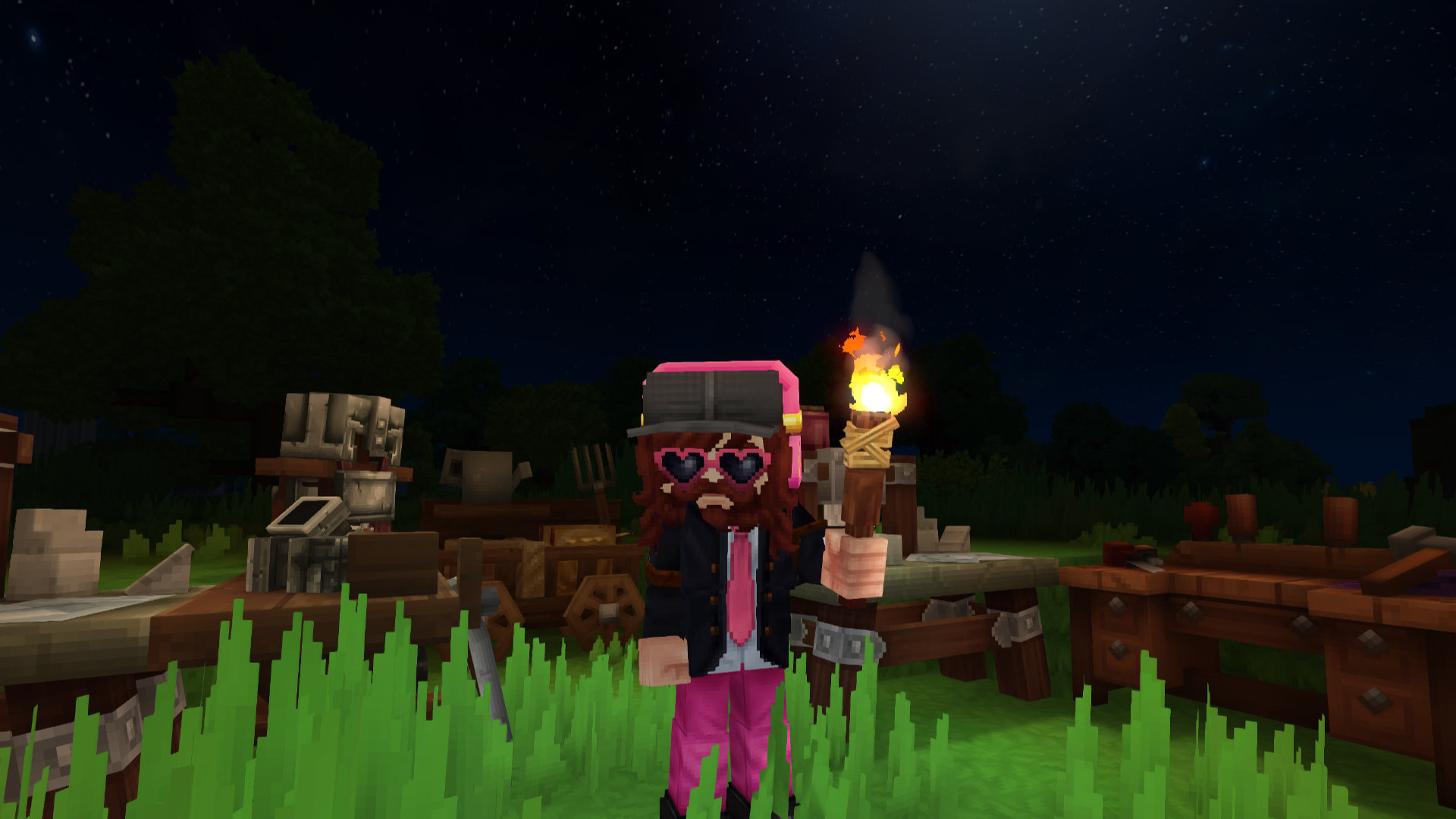 Hytale Spielfigur mit Fackel und Werkbänken – Crafting-Guide Motiv mit Fokus auf Handwerk und Progression.