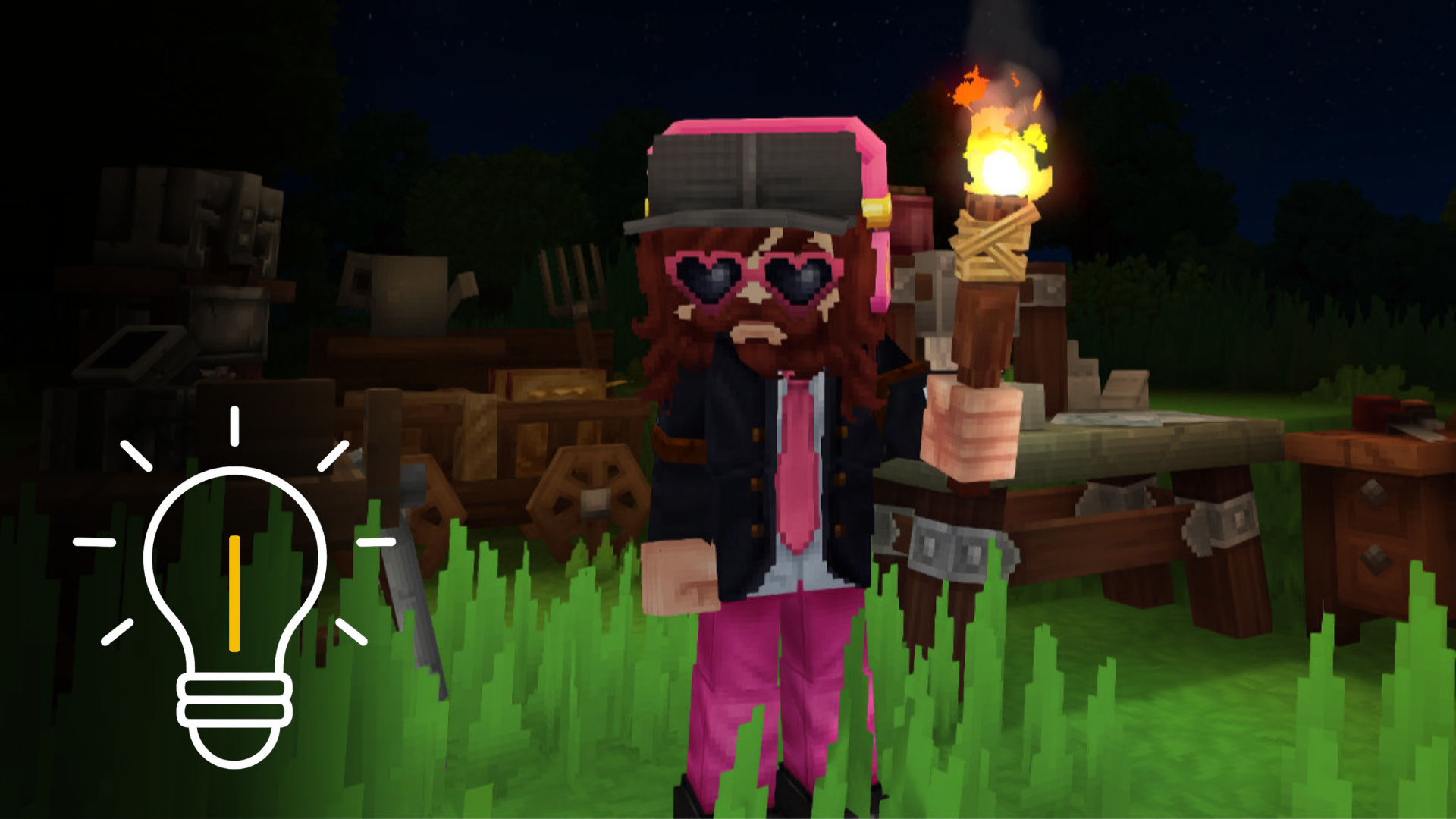 Hytale Spielfigur mit Fackel und Werkbänken – Crafting-Guide Motiv mit Fokus auf Handwerk und Progression.