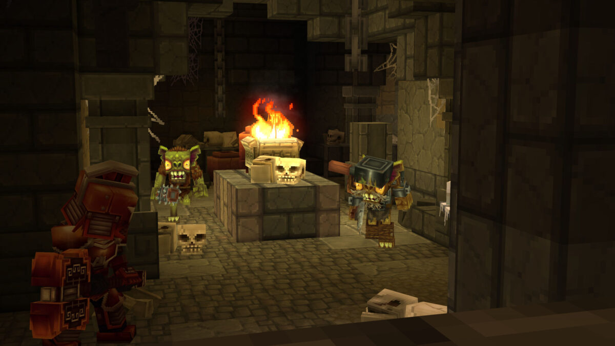 Hytale-Dungeon: Monster bewachen einen Altar mit Totenschädeln und Feuer – düstere Fantasy-Atmosphäre im Blockstil.