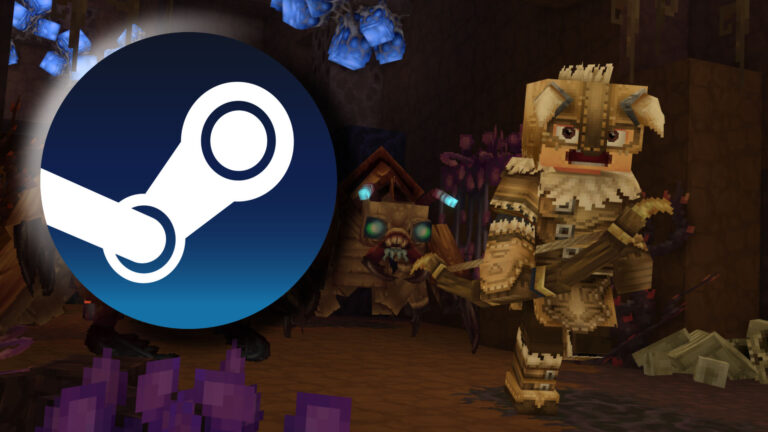 Hytale auf Steam: Blockiger Fantasy-Held kämpft gegen Monster in einer dunklen Höhle – Sandbox-Rollenspiel mit Minecraft-Optik.