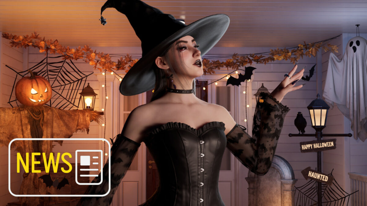 Eine Frau als Hexe verkleidet, steht vor einem gruselig dekorierten Haus.