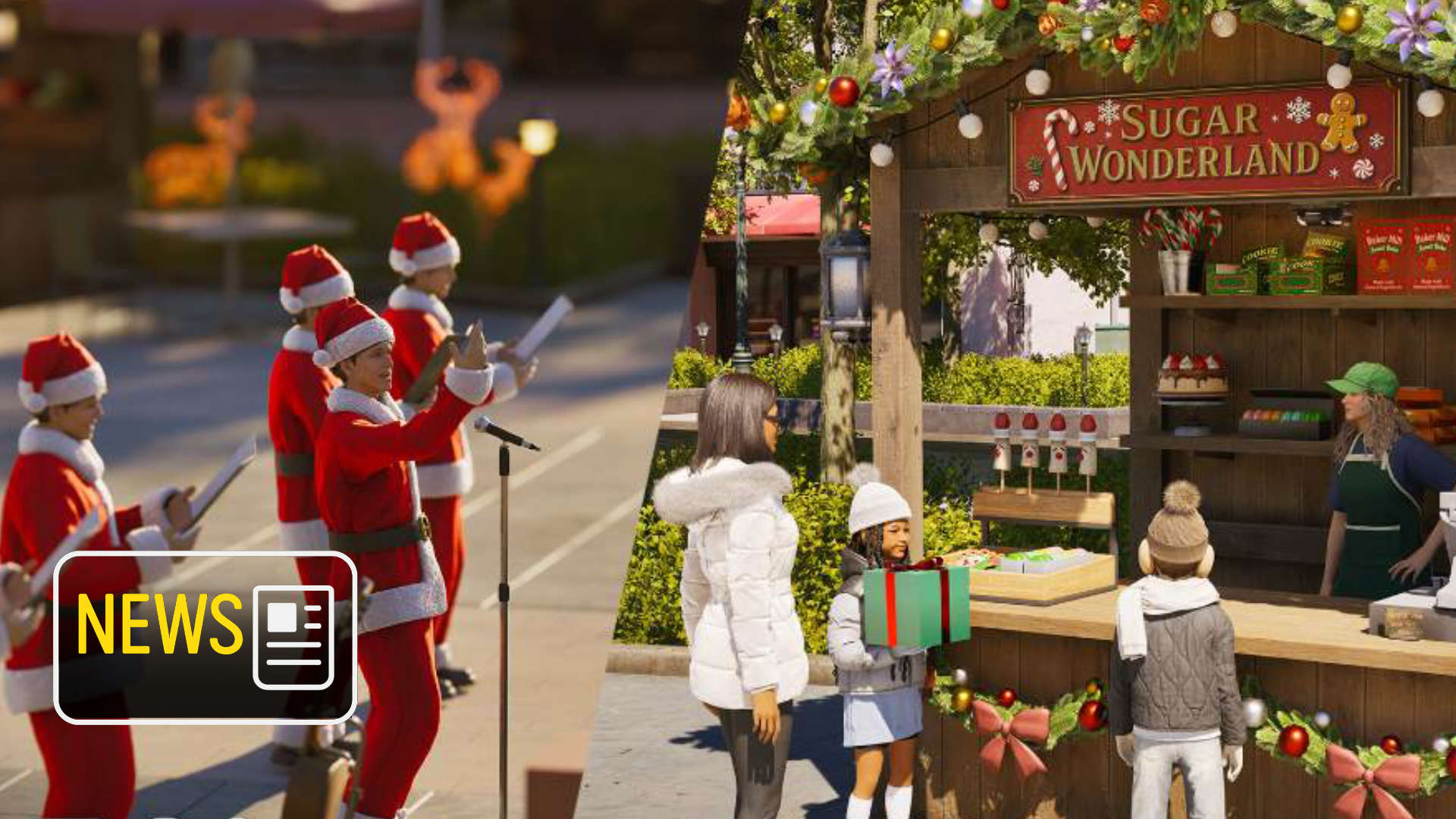 Mehrere Zois in Weihnachtskostüm sowie Kinder mit Geschenken.