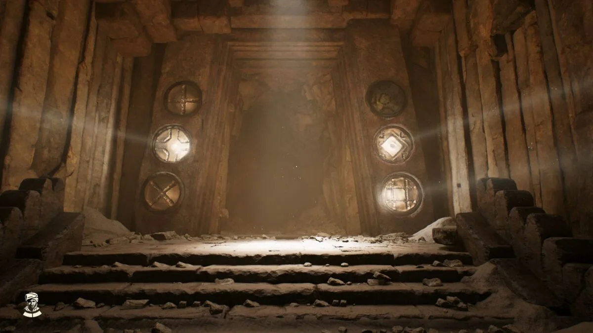 Ein antikes Steintor mit leuchtenden Symbolen in Indiana Jones und der Große Kreis.